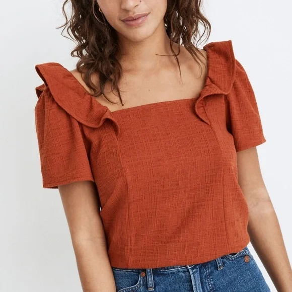 Madewell Ruffle Sleeve Top Rust Orange Square Neck Textured S - Picture 1 of 12